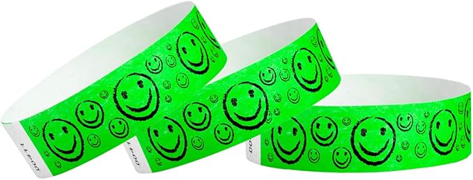 500 WristCo Neon Green Smiley Face Tyvek Wristbands for Events - ¾” x 10” - Waterproof Recyclable Comfortable Tear Resistant Paper Bracelets Wrist Bands for Concerts Festivals Admission Party