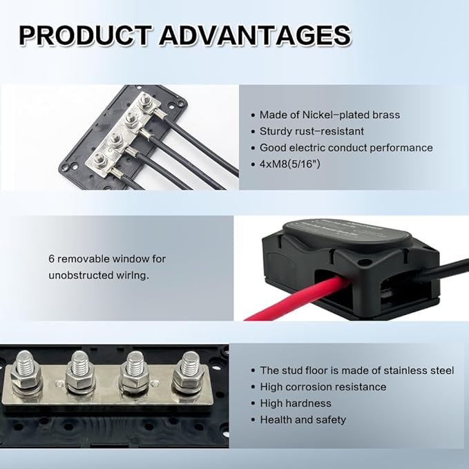 300A Bus Bar 12v Power Distribution Block 4 x 5/16"(M8) Terminal Block Heavy Duty Waterproof Buss Bar Junction Block Marine Battery Bus bar for Automotive Boat Solar System(Black)