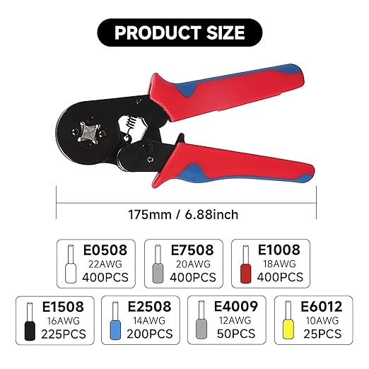 Wire Ferrule Crimping Tool Kit, Carbon Steel Crimper, 7 Sizes PVC Ferrules AWG 28-5, Crimp with 1700Pcs Hexagonal End Ferrules, for Connection (7 Sizes 1700PCS)