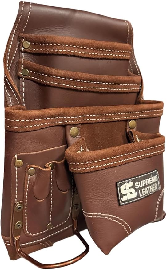 Supreme Leather Tool Pouch for Construction Carpenter Tool Bag Electrician's Pouch | 10 Pockets 2 Stainless Steel Hammer Holders Top Grain Leather Bag