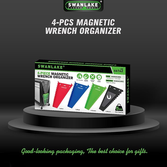Magnetic Wrench Organizer 4-piece, Wrench Rack Tool Trays SAE (1/4" to 1-1/16"), Metric (6mm to 24mm), 64-Slot Drawer Storage Tools, Wrench Set Holder