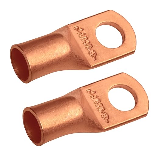 SELTERM 2pcs 1/0 AWG 3/8" Stud Copper Wire Lugs, Battery Lugs, Ring Terminals, Battery Cable Ends, 0 Gauge Ring Terminal Connectors, UL Heavy Duty Bare Copper Eyelets Battery Terminal Connectors