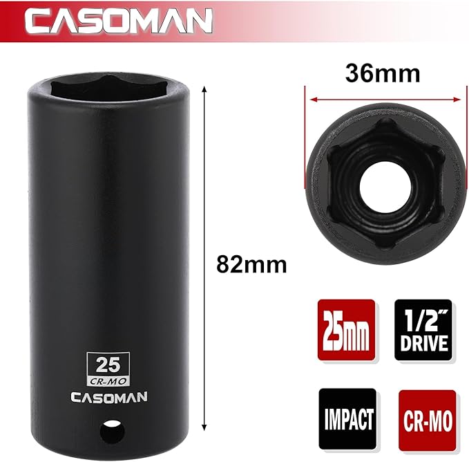 CASOMAN 1/2" Drive x 25mm Deep Impact Socket, 6-Point, Metric, CR-MO