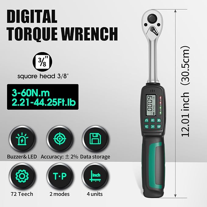 Precision 3/8" Digital Torque Wrench with ±2% Accuracy for Spark Plug, Carbon Bike & Motorcycle (2.2-44 ft-lb / 3-60 Nm) - Over-Torque Alert with Buzzer/LED & Storage Case