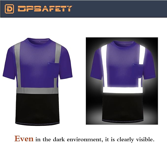 High Visibility Shirts Quick Dry Safety T Shirts with Reflective Strips and Pocket Short Sleeve Mesh Hi Vis Construction Work Class 2 Shirt for Men/Women Black Bottom Purple,3XL