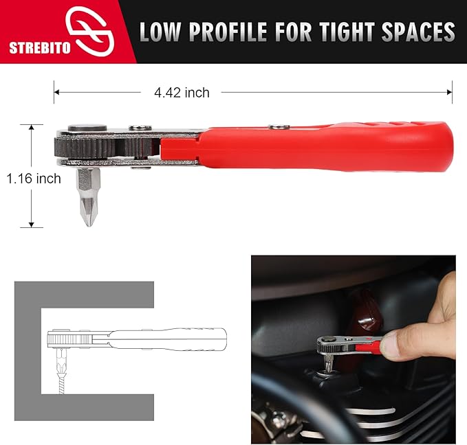 STREBITO Right Angle Screwdriver 14 Piece Mini Ratchet Set, Offset Screwdriver Low Profile Ratchet Screwdriver Set with 1/4 Ratchet, Hex, Phillips, and Torx, EDC Bit Driver for Tight Spaces, Bike