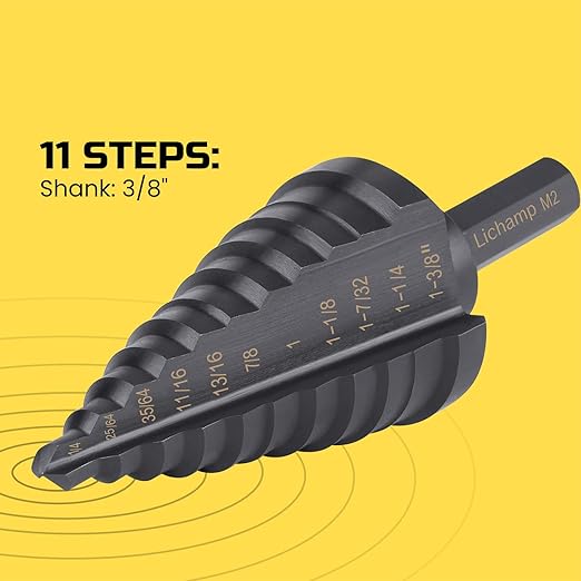 Lichamp Unibit Step Drill Bit for Metal, Genuine M2 Drill Stepper Bit for Hard Metal Heavy Duty, 11 Sizes from 1/4" to 1-3/8", Dual Straight Grooved with Hex Drive, A2BK