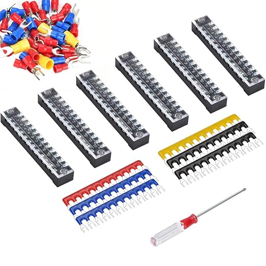 73Pcs(6Sets) Terminal Block Set, 6Pcs 12 Positions 600V 15A Dual Row Screw Terminal Strip Block + 6Pcs Pre-Insulated Terminals Barrier Strip + 60Pcs Insulated Fork Wire Connector by CGele…