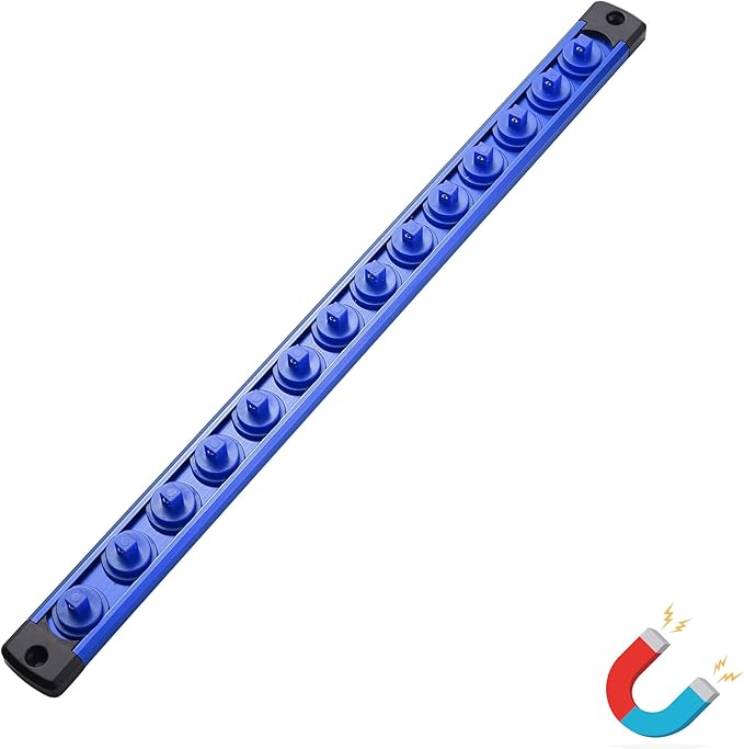 ALOANES Magnetic Socket Organizer, 1/4-Inch Drive Aluminum Socket Holder Socket Tray, Heavy Duty Socket Rail Organizer for Tool Box Drawer, 360°Swivel Clips Socket Rack 1/4-Inch x 14 Clips (Blue)