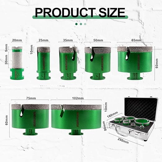 Tile Hole Saw Kit - 6pcs Diamond Core Drill Bits 25/35/50/65/75/102mm+1pc 3/4" Versatile Diamond Drilling Milling Bit 5/8-11" Thread for Porcelain Ceramic Tile Granite Marble Angle Grinder