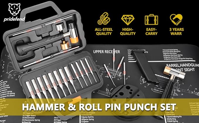 Pridefend Punch Set, Roll Pin Punch Set Made of Solid Metal Material,Elite Tool Including Steel Pin Punch Set, Roll Pin Starter Punch and Hammer,with Organizer Storage Box (with Bench Block)