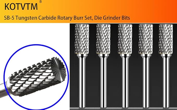 Carbide Burr Set 1/4" Shank SB-5 Die Grinder Bits Tungsten Double Cut Burr Bits (1/2" Cutter Dia X 1" Cutter Length) for Die Grinder Kits Metal Grinding Drilling Polishing (5pcs)