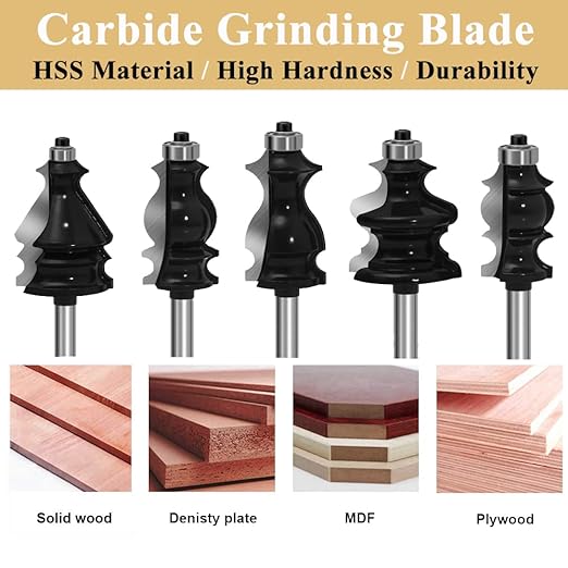 TAIWAIN Router Bit Set 1/4 Inch Shank 5PCS, Architectural Picture Frame Wood Milling Cutter,Rail &Stile Woodworking Miter Carbide CNC Cutting Tool for Cabinet Drawer Door Surfacing(T-BIT)
