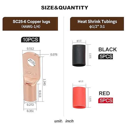 Thick Copper Electric Wire Lugs,10Pcs Bare Copper Gauge 4Awg-1/4(M6) Ring Heavy Duty Battery Cable Lugs Ends Ring Terminals Connectors with 10Pcs 3:1 Heat Shrink Tubing Assortment Kit