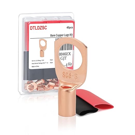 Thick Copper Electric Wire Lugs,20Pcs Bare Copper Gauge 12-10Awg-5/16(M8) Ring Heavy Duty Battery Cable Lugs Ends Ring Terminals Connectors with 20Pcs 3:1 Heat Shrink Tubing Assortment Kit