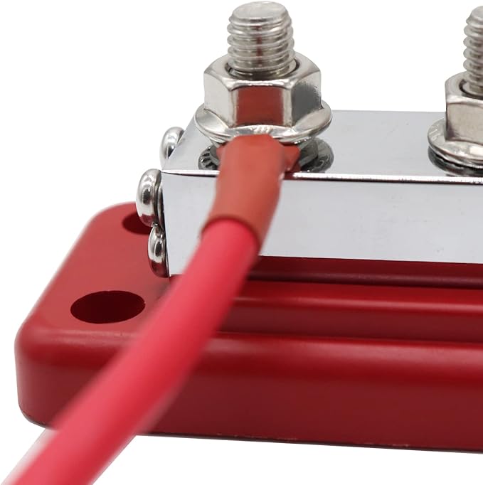 600 A High Current Copper Bus Bar 300V AC / 48V DC 8 Way 3/8 inch (M10) Studs 8#8-32 Screws Electrical Terminal Ground Distribution Block Battery Buss Bars with Cover (Red)