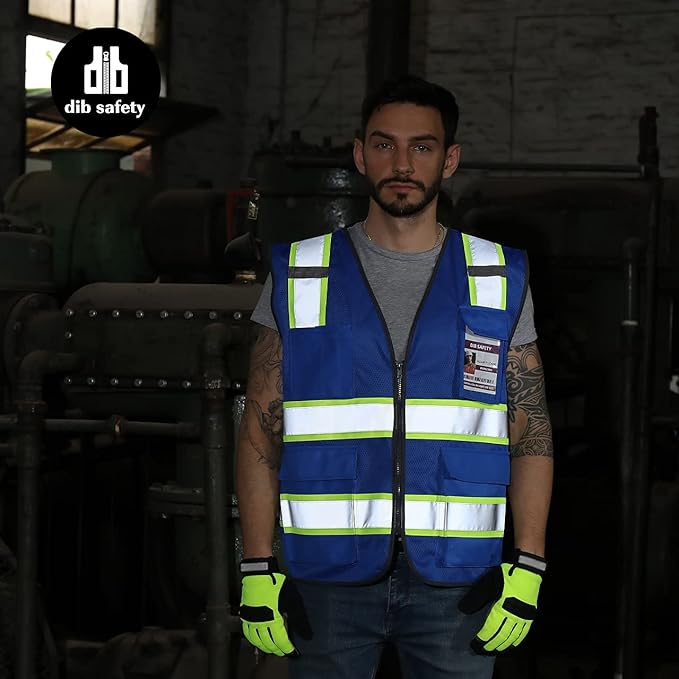 Dib Safety Reflective Mesh Vest High Visibility Two Tone with Pockets and Zipper, Blue Mesh with Yellow Trim S