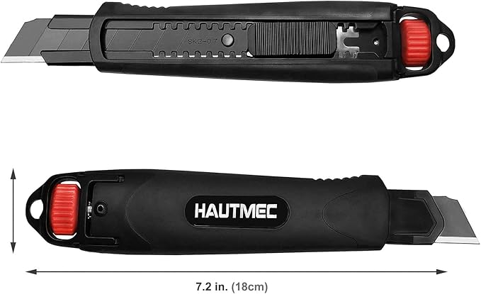 2PCS HAUTMEC 18mm Extra Heavy Duty Utility Knife with Double Lock Mechanism, Auto-Lock and Ratchet- Lock for Double Safety, SK2 Sharp Black Blade for Industrial or Construction Applications HT0136-2PC