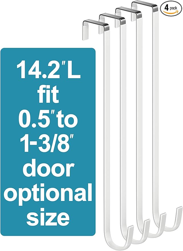 Over The Door Metal Hooks with Plastic Coating 14.2" Fit 0.5" to 1 3/8" Door 4 Pcs Heavy Duty Single Towel Robe Rack Wreath Bathroom Shower Hanger Shoe Organizer Ironing Board Long White
