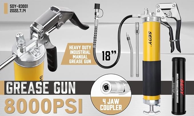 SEDY Heavy Duty Grease Gun Kit - 14oz Free Grease Tube 8000 PSI Pistol High Pressure Flexible Hose Bearing Grease Pump Marine Durable Connectors Adapters Extension Tubes Nozzle Easy Operation