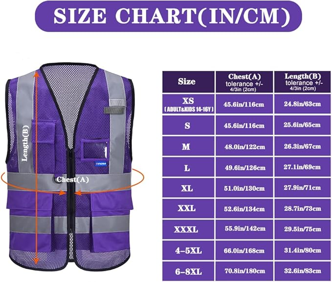 A-SAFETY 6XL 7XL 8XL Purple High Visibility Mesh Safety Reflective Vest with Pockets and Zipper(Purple Mesh 6XL-8XL)