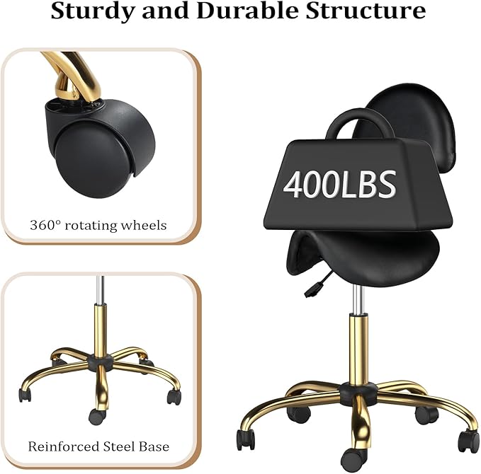 OmySalon Drafting Chair,Ergonomic Saddle Stool with Back Support,Tall Adjustable Rolling Stool with Thick Seat Cushion, Office Computer Chair for Salon Barber Spa Home Bar, Black Gold