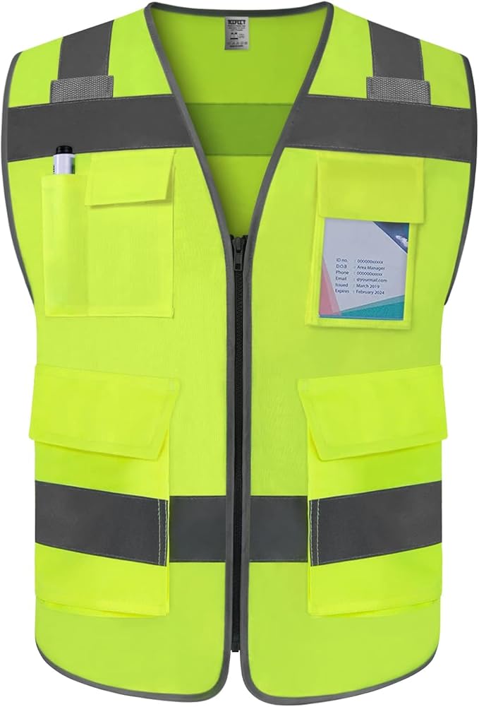 TCCFCCT Safety Vest for Men Women 5 Pockets Reflective Vest with Reinforced Zipper, High Visibility Construction Work Vest with Tabs for Walkie-talkie, Durable to Use, Meets ANSI/ISEA, Yellow, XXL