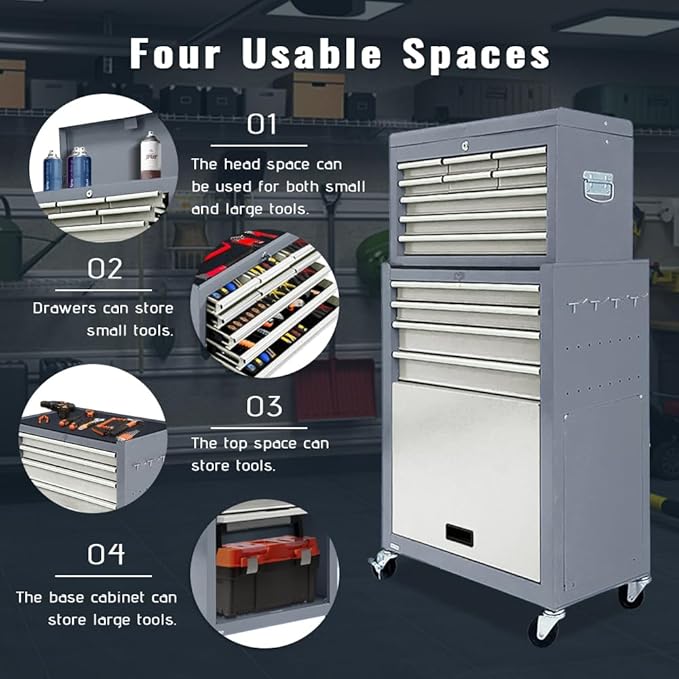 13-Drawer Rolling Tool Chest with Wheels, 2 in 1 Detachable Rolling Tool Chests, Moblie Tool Cabinet with Drawers, Large Lockable Tool Box, Metal Standing Toolbox for Garage Workshop(Gray)
