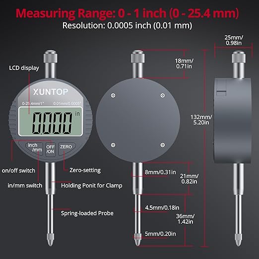 Digital Dial Indicator 1inch/0.0005inch with 132lbs/60kg Magnetic Base,Inch/Metric Conversion LCD Display Electronic Indicator, Dial Test Gauge for Lathe,3D Printer,CNC,Indusrial