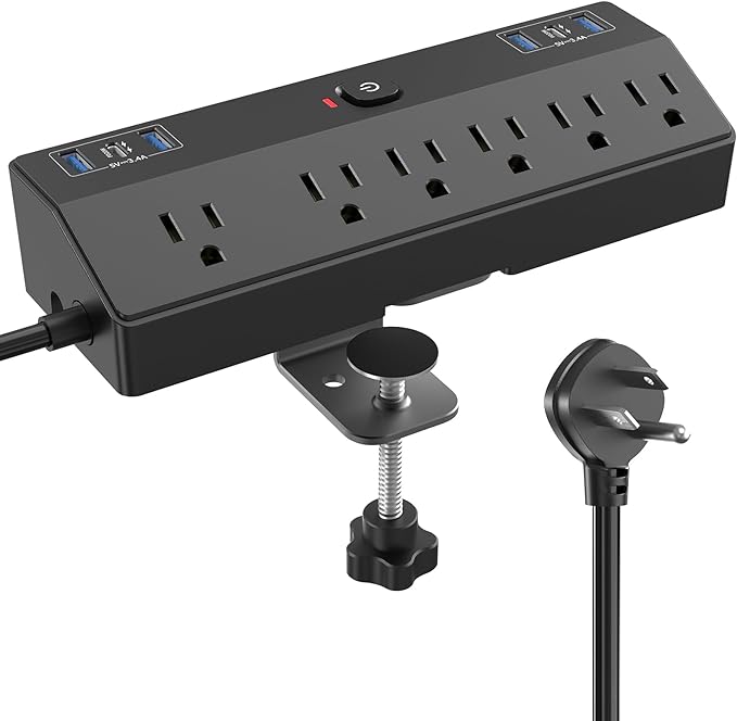 Desk Clamp Power Strip with 40W Fast Charging Station, JXGUCAT Removable Desk Clamp Mount Power Strip Surge Protector, 2 USB-C Ports, 6 AC Outlets and 10ft Cord, Fits 1.8" Tabletop Edge