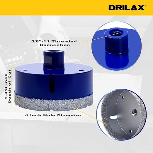 Drilax Pro Series 4 Inch Diamond Hole Saw | Angle Grinder (5/8"-11) & Drill (Adapter Incl.) | 1-3/8" Depth | Dry Drill for Dryer Vents, HVAC, Large Pipes, Core Sampling | Long Life