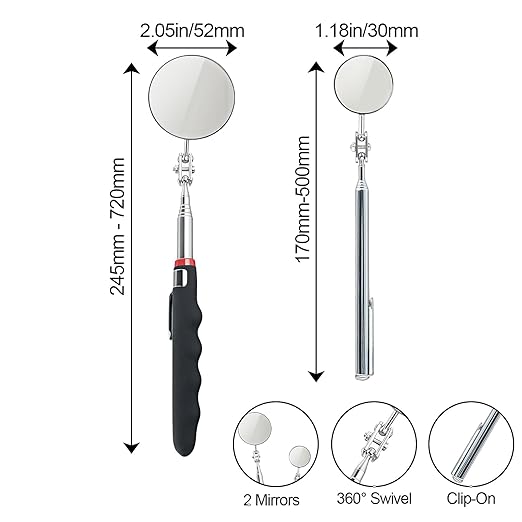 Telescoping Inspection Mirror with Rotating Head,Extendable Mechanic Mirror with Long Handle and Clip-On Design for Mechanics, Dentists, Auto, Boat (2.05in Round & 1.18in Round)