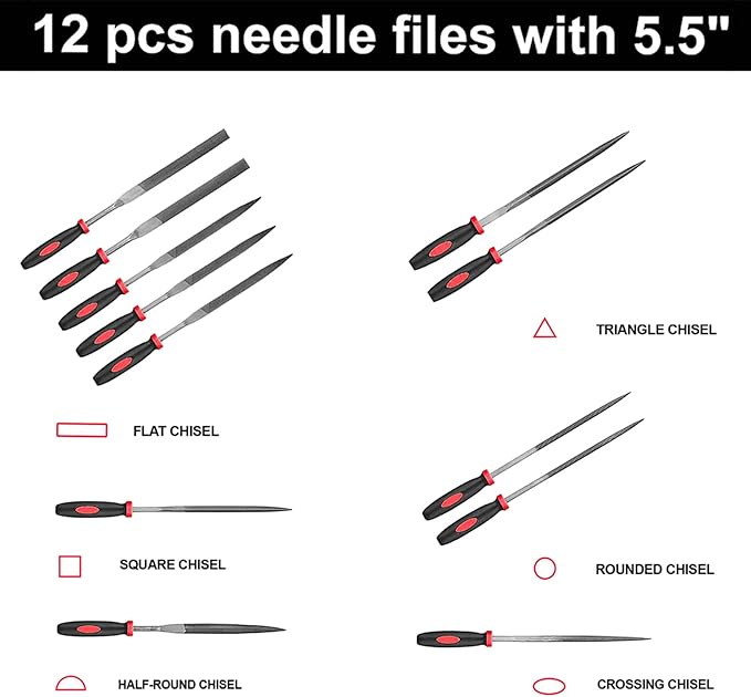 NORTOOLS 17 PCS T12 Steel File Set, Flat/Round/Triangle/Half-Round Hand Set with Needle File & Brush for Woodwork, Metal, Model & Hobby Applications