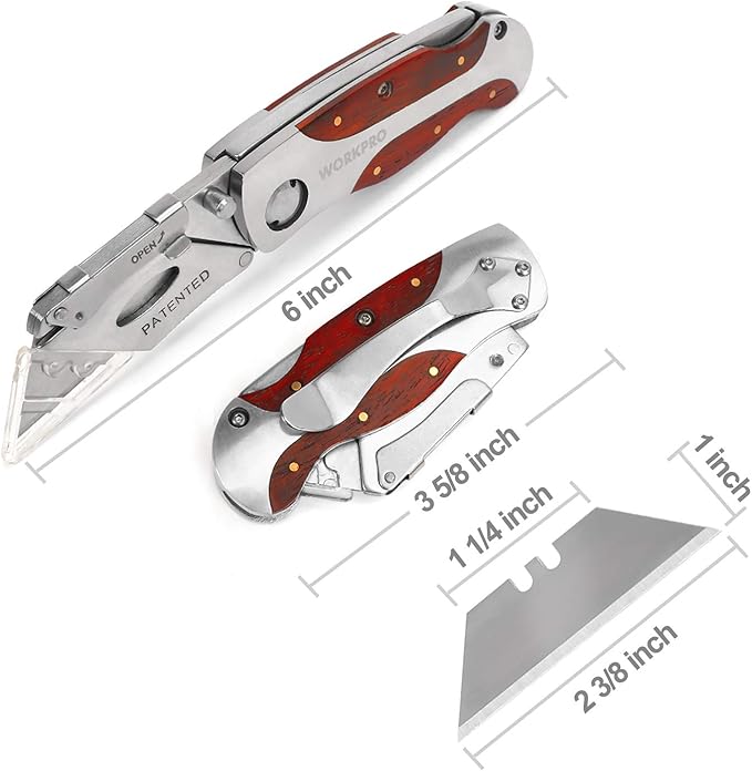WORKPRO Quick-Change Utility Knife, Classical Retro Style Wood Grain Handle, Back Lock Folding Knife with Clip