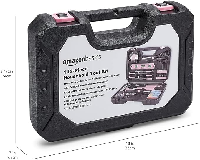 Amazon Basics Household Tool Kit With Storage Case, 142 Piece, Pink, 13.39 x 9.25 x 2.95 inch