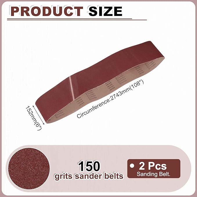 HARFINGTON 6 x 108 Inch Sanding Belts, 2 Pcs 150 Grit Aluminum Oxide Abrasive Belt Sander File Belt for Woodworking, Metal Polishing, Knife Sharpener