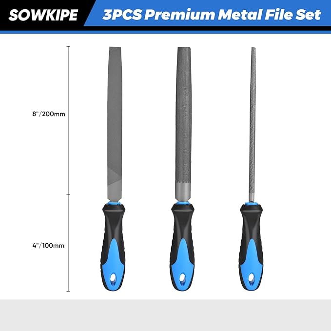 3-Piece Metal File Set, Premium High-Carbon Steel Files, 8 Inches, Includes Flat, Round, and Half-Round, Perfect for Metal, Wood, and More