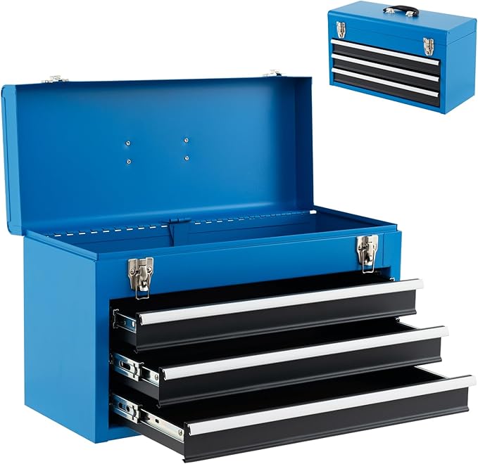 Goplus Tool Box with 3 Drawers, 4-Tier 20" Portable Tool Chest Organizer with Top Tool Tray, Auto Lock, Protective Liner, Handle, Steel Metal Small Toolbox for Gargae, Workshop, Home