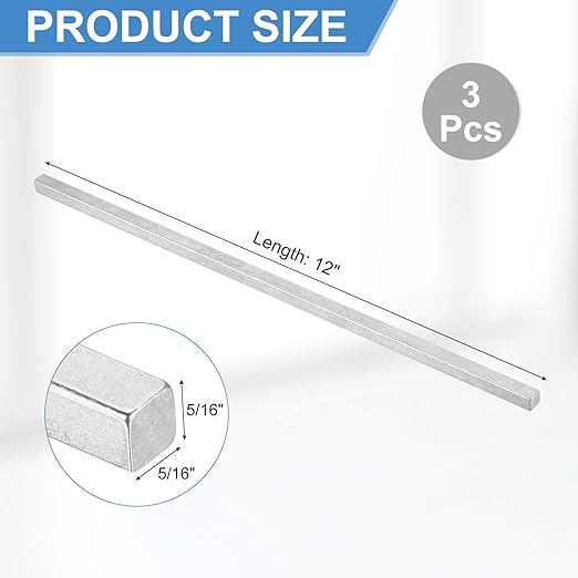 uxcell 3 Pcs Square Steel Key Stock, 5/16" x 5/16" x 12" Cold-Drawn 45# Steel Bars Precision Key Stock for Gearbox Coupling, Silver Tone