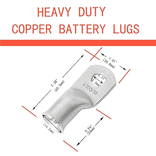 25Pcs 4/0 AWG 5/16"(M8) Stud Tinned Copper Ring Terminals Battery Cable Ends Wire Lugs 4/0 Gauge Battery Cable Lugs Heavy Duty Cable Lugs Bare Copper Eyelets Tubular Ring Terminal Connectors