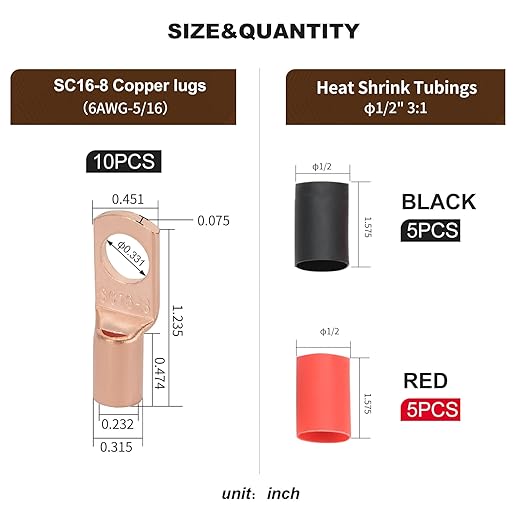 Thick Copper Electric Wire Lugs,10Pcs Bare Copper Gauge 6Awg-5/16(M8) Ring Heavy Duty Battery Cable Lugs Ends Ring Terminals Connectors with 10Pcs 3:1 Heat Shrink Tubing Assortment Kit