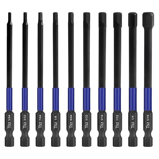 HPHOPE Impact Hex Head Allen Wrench Drill Bit Set 10 Pcs - SAE, TS2 Steel Hex Bits Set, 1/4” Hex Shank with Magnetism, 100mm Long with Storage Box.