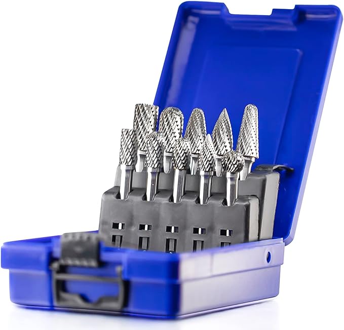 10pcs Carbide Burrs Set with 1/4'' Shank Double Cut Solid Power Tools Tungsten Carbide Rotary Files Bits for Die Grinder Metal Wood Carving Engraving Polishing Drilling Grinding Milling Cutting