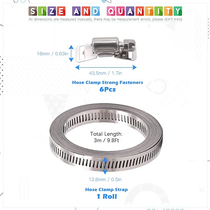 Glarks 7Pcs 10 Feet Long Worm Gear Hose Clamp with Fasteners, 304 Stainless Steel Large Adjustable Pipe Clamps with 6Pcs Fasteners for Ductwork, Pole Securing and Strapping (10 FT Strap +6 Fasteners)
