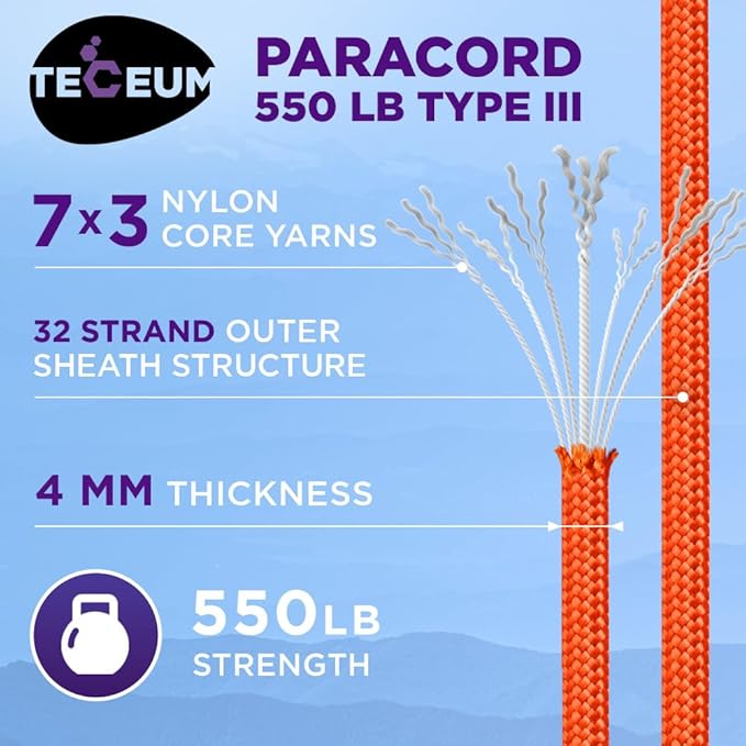 TECEUM 5/32" Paracord Rope 1000 – 1000ft / 200ft / 100ft / 50ft – Tactical Parachute Cord 4mm – 45+ Colors – Nylon String for Survival & Camping Gear – Stripe Cord for Survival – Utility Rope