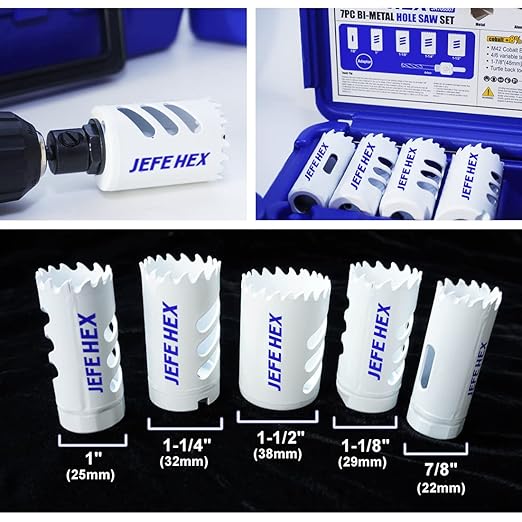 JEFE HEX Bi-Metal Hole Saw Kit, 7-Piece Hole Saw Set 7/8",1",1-1/8",1-1/4" and 1-1/2" Hole Saw with Mandrels for Metal, Wood, Plastic, PVC and Drywall