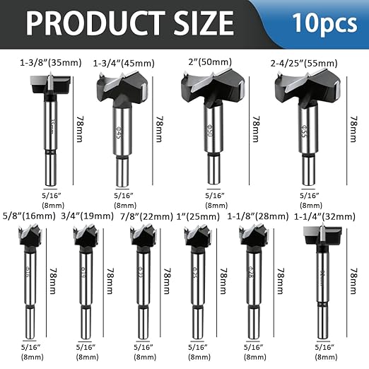 10PCS Forstner Drill Bit,Carbide Tipped Forstner Bit for Hard Wood, Wood Drilling Hole Saw Set Woodworking Hinge Cutter Tool Kits for Wood Plastic Plywood