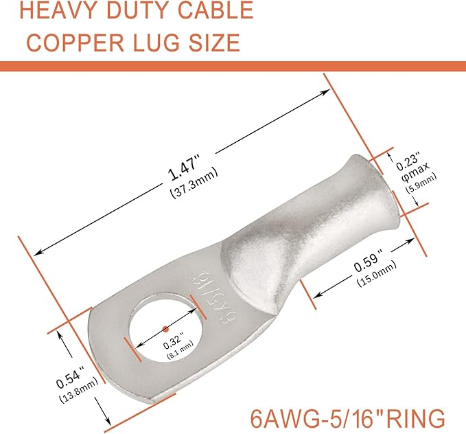 10pcs 6 AWG-5/16(M8) Tinned Copper Ring Terminals Battery Lugs, Heavy Duty Wire Lugs, Battery Cable Connectors
