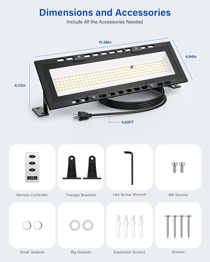 120W LED Shop Lights with Remote, 5FT Power Cord and US Three-Prong Plug, 18000LM 6000K, Aluminum Garage Lighting, IP65 Waterproof, Plug & Play for Warehouse, Workshop, Basement, 2PCS