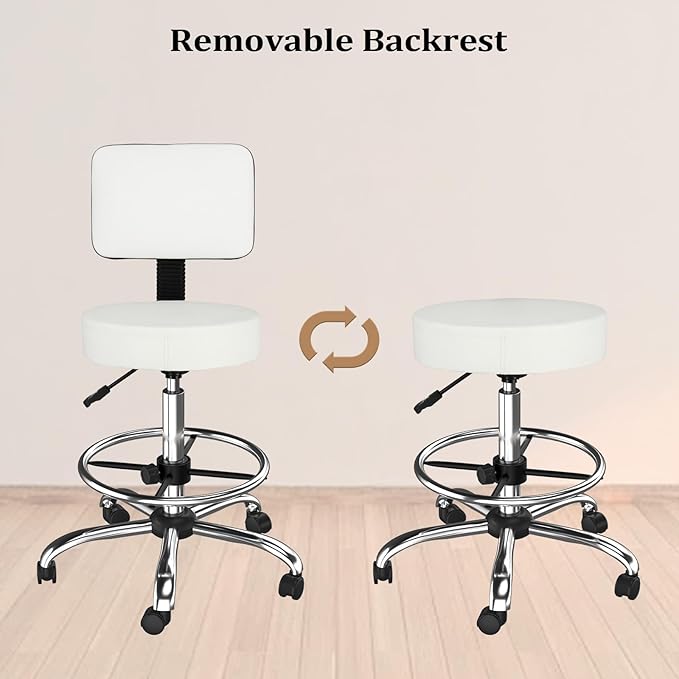 OmySalon Drafting Chair,Ergonomic Office Desk Chair with Back Support,Tall Adjustable Rolling Stool with Footrest & Thick Seat Cushion,Computer Chair for Salon Medical Spa Home Bar Kitchen, White